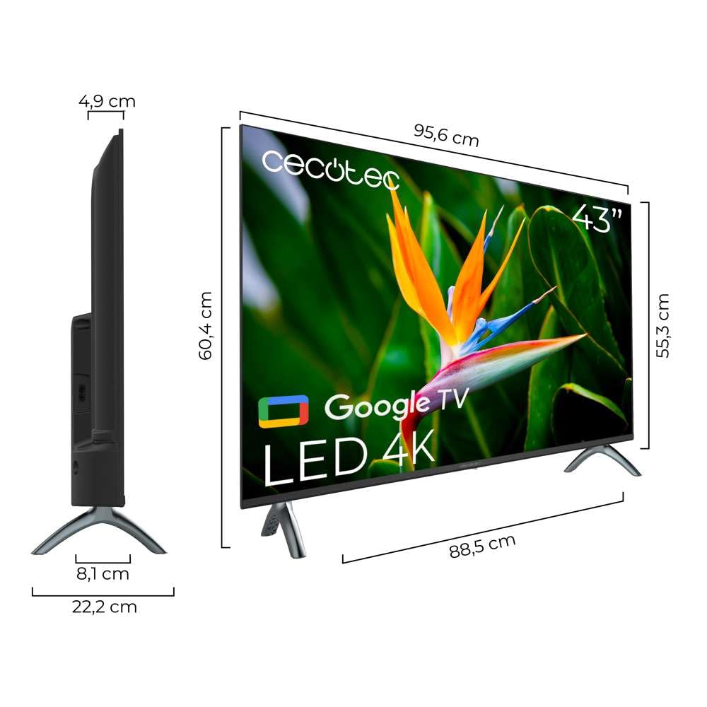 Cecotec Smart TV - 43-calowy telewizor LED Rozdzielczość 4K UHD - seria A4 ALU40043S. Google TV, HDMI 2.1, USB 3.0, HDR10, 16 GB ROM, Google Voice Assitant, Chromecast, Dolby Audio