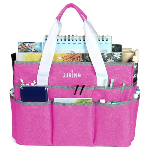 Image of JJRING Craft Organizer Tote Bag, Large Art Storage Caddy with Multiple Pockets, Deep Red Sewing Bag for Art, Craft, Scrapbooking, Medical, and Office Supplies Storage