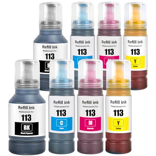 113 Pigment Tinte Kompatibel mit Epson 113 Tintenpatronen Nachfülltinte Multipack für ET-5850 ET-16600 ET-5150 ET-5170 ET-5150 ET-16650 ET-15000 ET-5100 ET-5800 ET-5880 ET-16150(8Pack 2BK/2C/2M/2Y)