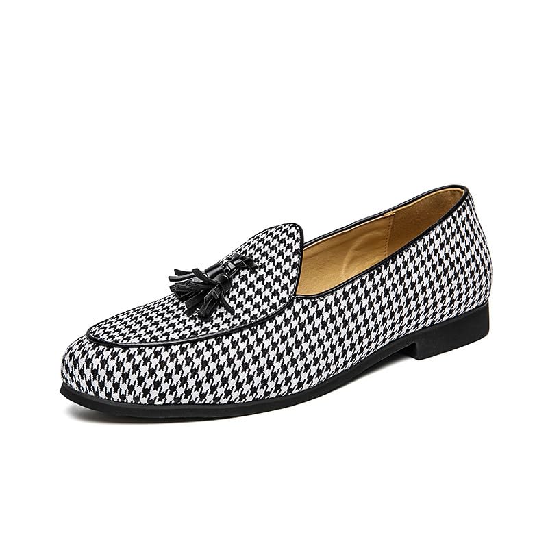 Santimon Mens Loafers Wedding Dress Shoes Slip-On Hounstooth Tassel Loafers for Men Tuxedo Suit Shoes