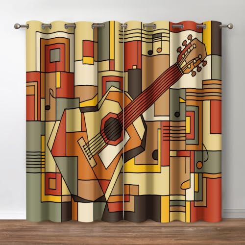 Jekeno Music Guitars Blackout Curtains - Geometric Square Shaped Splicing Background Print Darkening Window Drapes Decor Bedroom Home Living Room Grommet Window Drapes 2 Panel Set, 42"x84"