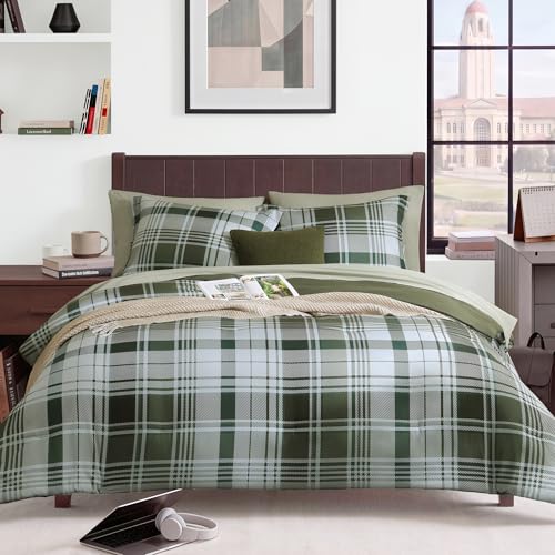 Image of MaiReve Full Size Comforter Set Olive Green, Plaid Design Comforter Set 7 Pieces, All Season Comfortable Bedding Sets Full, Lightweight, Soft and Warm (Olive Green, Full)