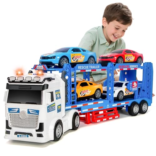 BainGesk Semi Truck Toys Car for 3, 4, 5, 6, 8 Years Old Boys Girls, Adjustable Double Decker Carrier Truck with Light & Sound, Car Hauler with Trailer Toy, Large Transport Toy Gifts for Toddler