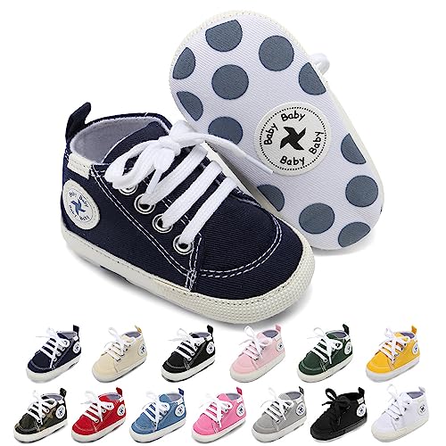 Image of Baby Girls Boys Shoes Soft Anti-Slip Sole Newborn First Walkers High Top Canvas Denim Unisex Infant Sneaker