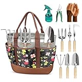 Floraxa 10-teiliges Gartengeräte-Set mit Aufbewahrungstasche – Robuste Gartenwerkzeuge aus Edelstahl mit ergonomischen Griffen aus Eschenholz – Rostfreies Garten-Geschenkset für Damen und Herren