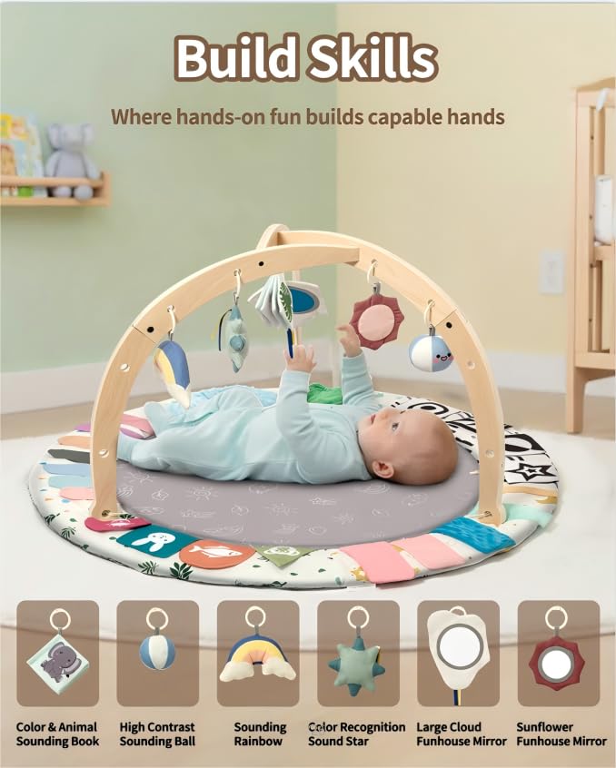 Baby Play Gym Mat with Tummy Time Activity for Newborn Girls and Boys, Non-Slip Floor Mat Includes 6 Detachable Toys for Sensory Development, Machine Washable, Essential Gift (Grey)