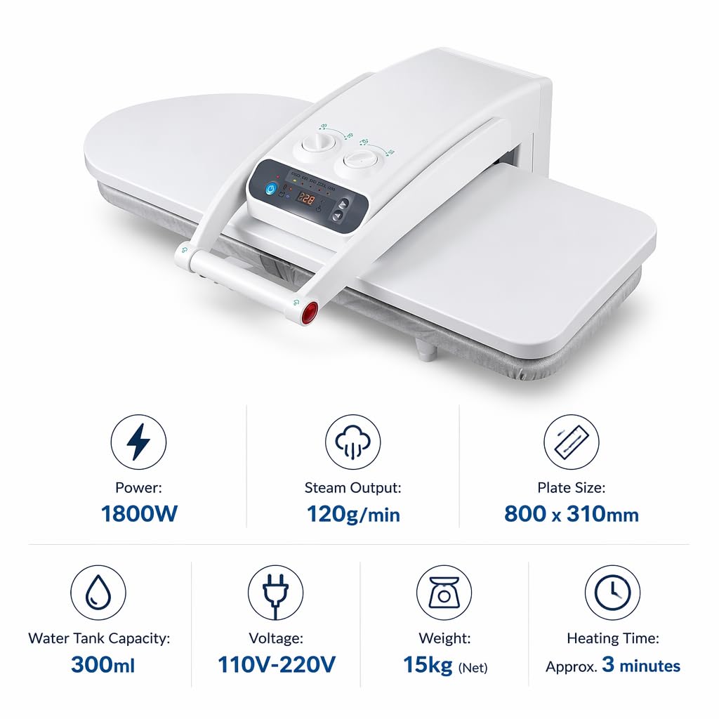 Pressa a vapore professionale da 1800 W per stiratura intensiva con serbatoio dellacqua di grandi dimensioni e piastra sovradimensionata per una cura efficiente del bucato.