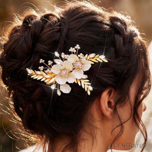Pinza para cabello dorada con flores y cristales miniatura 2