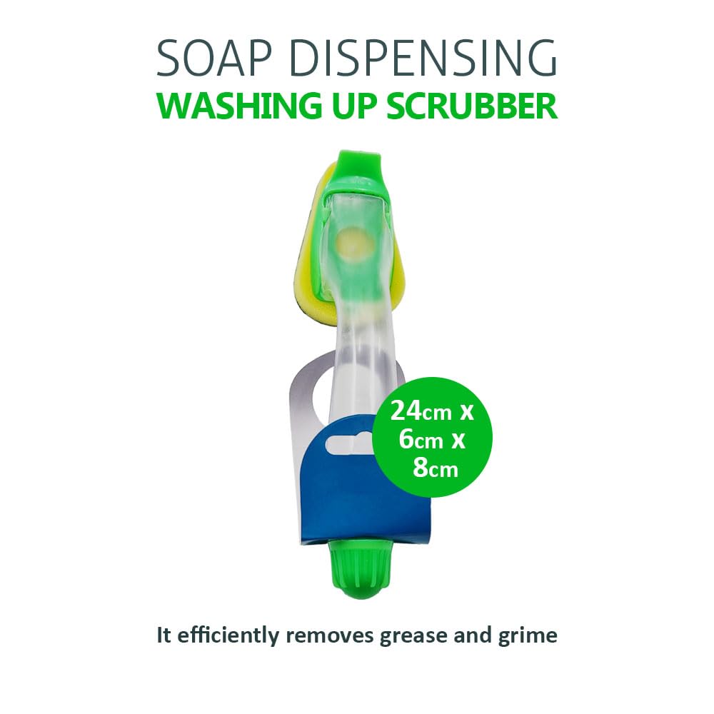 Soap Dispensing Washing Up Scrubber - Dish Brush with Built-In Liquid Dispenser & Scouring Sponge - 24cm Kitchen Cleaning Tool - Image 2