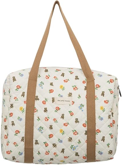 Bolso de hombro acolchado de gran capacidad con patrón de flores de oso para mujer, de algodón suave y portátil para vacaciones de fin de semana, Beige Bear Flower, as shwon