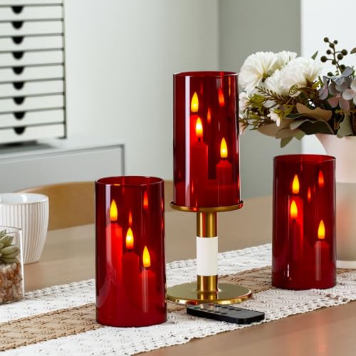 Image of Hausware 3-in-1 Flameless LED Taper Candles with Remote - Battery Operated, Realistic & Portable Candles Set,3-Pack,Durable Indoor /Outdoor Decor (Red)