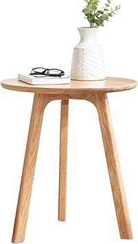 Accent Side/End Table - 100% Solid Oak Wood with 3 Legs Design - Small Round Side Table for Living Room,Bedroom,Office