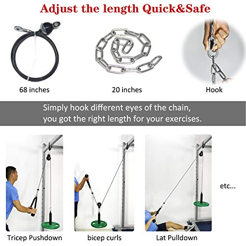 SYL Fitness LAT Pulldown Cable Pulley System with Tricep Rope Adjustable Length with Chain Loading Pin for DIY Home Garage Gym