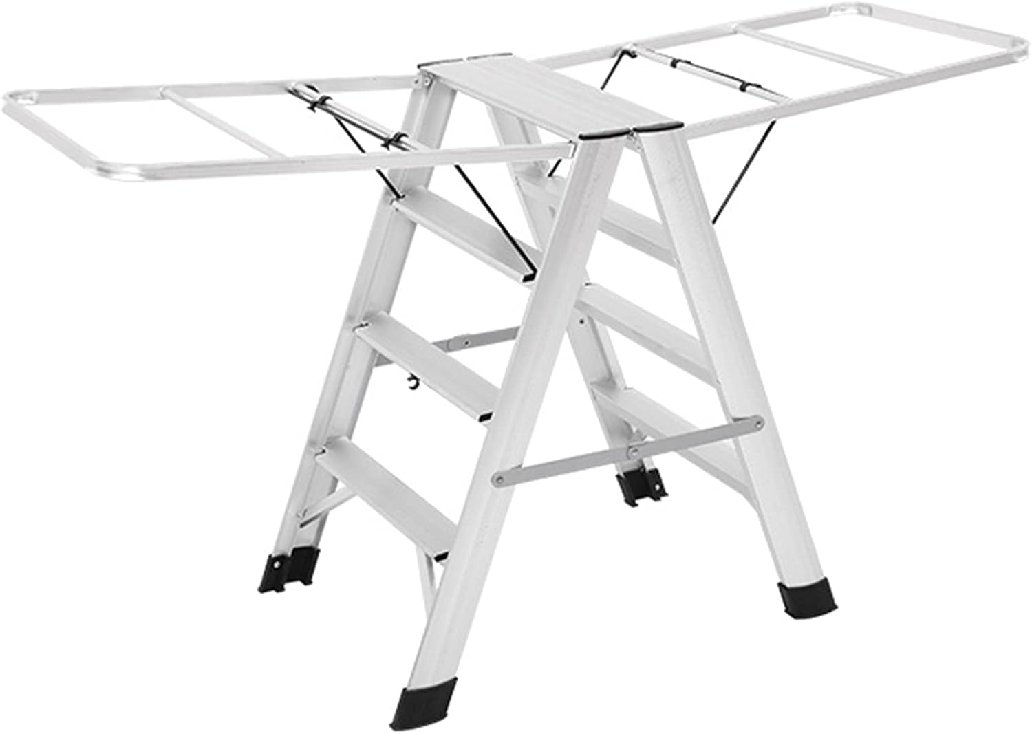 Multifunctional 4-Step Ladder Foldable Laundry Rack, Aluminum Wing Clothes Drying Rack Ladder Free of Installation for Home Use,Silver