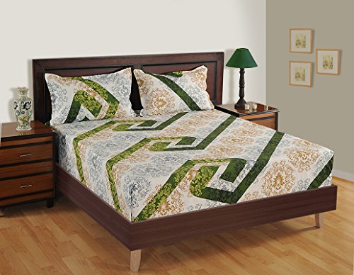 Image of Swayam Pure Cotton Single Bedsheet with 1 Pillow Covers | Size 60 x 90 inch | 160 TC | Ethnic Motifs Design | Soft Breathable Bed Sheet | Comfortable & Durable for Bedroom - White & Green