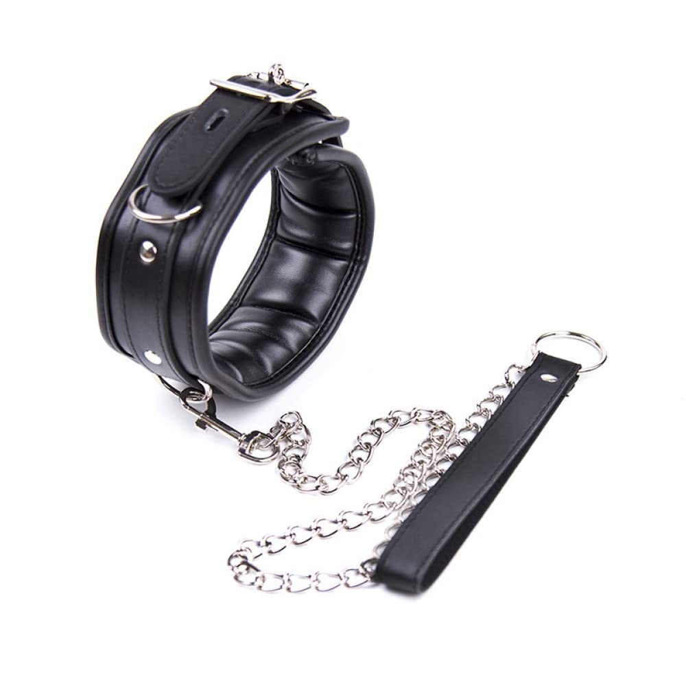 Magicnitz Women's Black Adjustable Bdsm Collar Pu Leather Choker Padded Sm Neck Bondage Collar With Chain Lead Leash Restraint Sex Toy For Couples