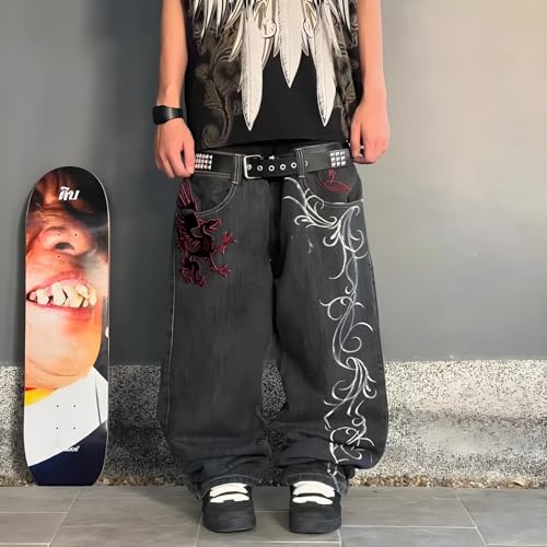 Men's Hip-Hop Dance Jeans Black Denim with Dragon Embroidery Studded Belt Wide Leg Style2