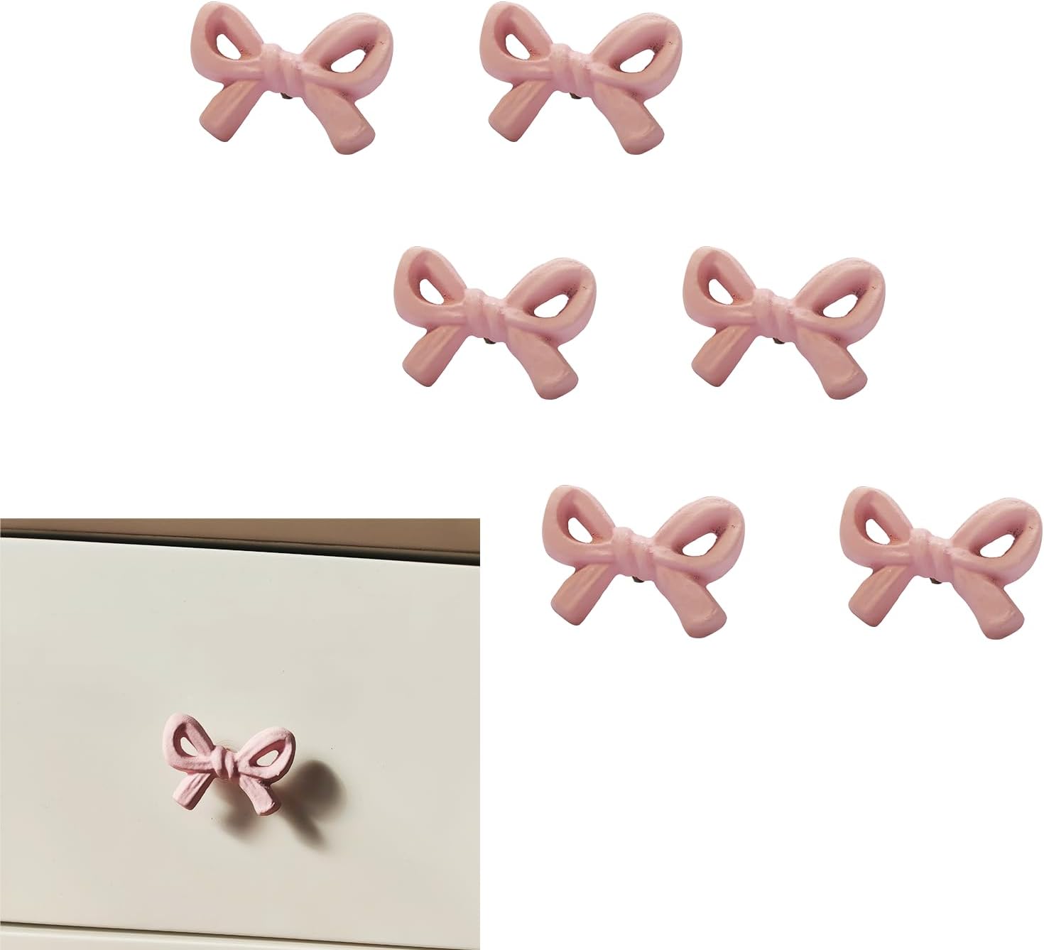 6Pack Metal Bow Cabinet Knobs,Vintage Gold Bow Drawer Knobs,Decorative Bow Knobs for Home Kitchen Cabinet Hardware Cupboard Glass Door Dresser Wardrobe and Drawer Pulls (Pink)