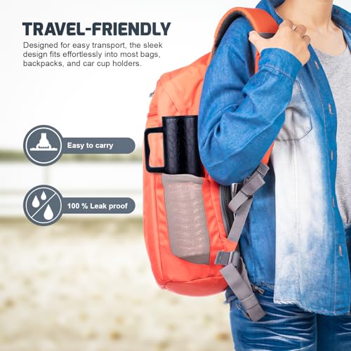 Image of MYOZ 1200ML Stainless Steel Water Mug with Lid, 2 Straws Leak-Proof Cupholder for Gym, Travelling Spill-Proof Bottle (Black Panther)