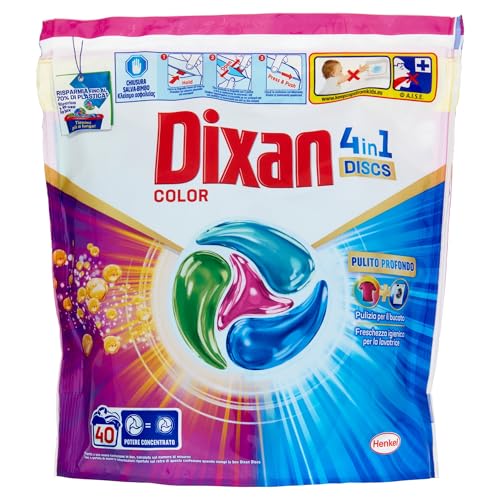 Dixan Discs 4In1 Color Detersivo Lavatrice (40 Lavaggi), Capsule Lavatrice Per Colori Vivaci, Pulizia Profonda Del Bucato E Freschezza Igienica Per La