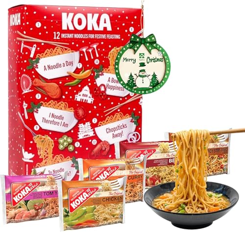 Koka Christmas Noodles Advent Calendar 2025 - Instant Noodles 12 Days Advent Calendar of Assorted 12 x 85g Ramen Noodle with Xmas Tree Decoration. Great Christmas Gifts for Women