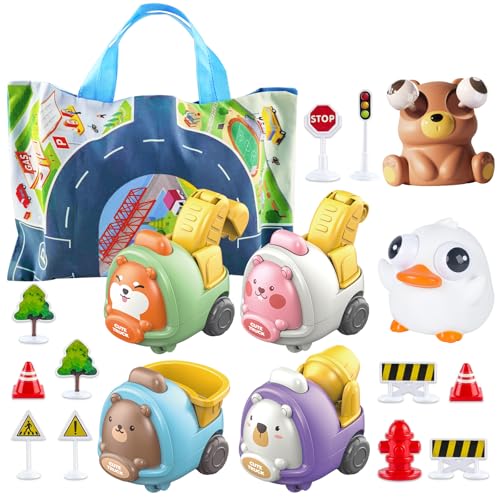 LinseyFun 17 PCS Cartoon Toddlers Car Toys Set and Squeeze Toy for 3 Year Old Boy with Playmat/Storage Bag, Trucks for Toddlers, Rubber Animals, Toddler Cars, 3 Year Old boy Birthday Gift
