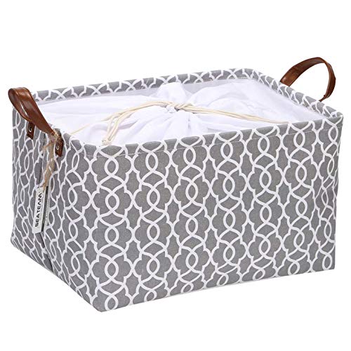 Sea Team - Cesta de Almacenamiento de Tela con diseño geométrico marroquí con Cubierta de cordón y Asas de Piel sintética, 16,5 x 11,8 Pulgadas, Interior Impermeable Gris