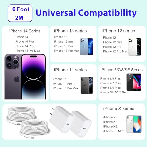 Image of 2Pack iPhone 14 Charger Fast Charging, 6Feet Lightning Charging Cable USB C Charge Adapter USB Type C to Lightning Cable Cord Compatible with iPhone 14 Pro Max /14 Plus /13 /12 Mini /11 /10 /XS Max /XS /XR /SE