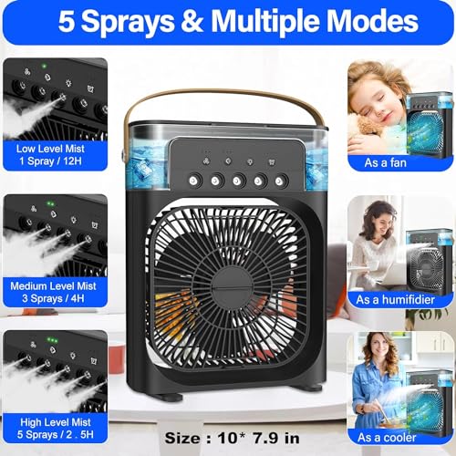 Image of BIGASUO Mini Cooler for Room Cooling AC Portable Mini Fan Artic Cooler with 7 Colors LED Light, 1 /2 /3 H Timer, 3 Wind Speeds and 3 Spray Modes for Office,Home,Dorm,Travel / (1204) (BLACK, B18)