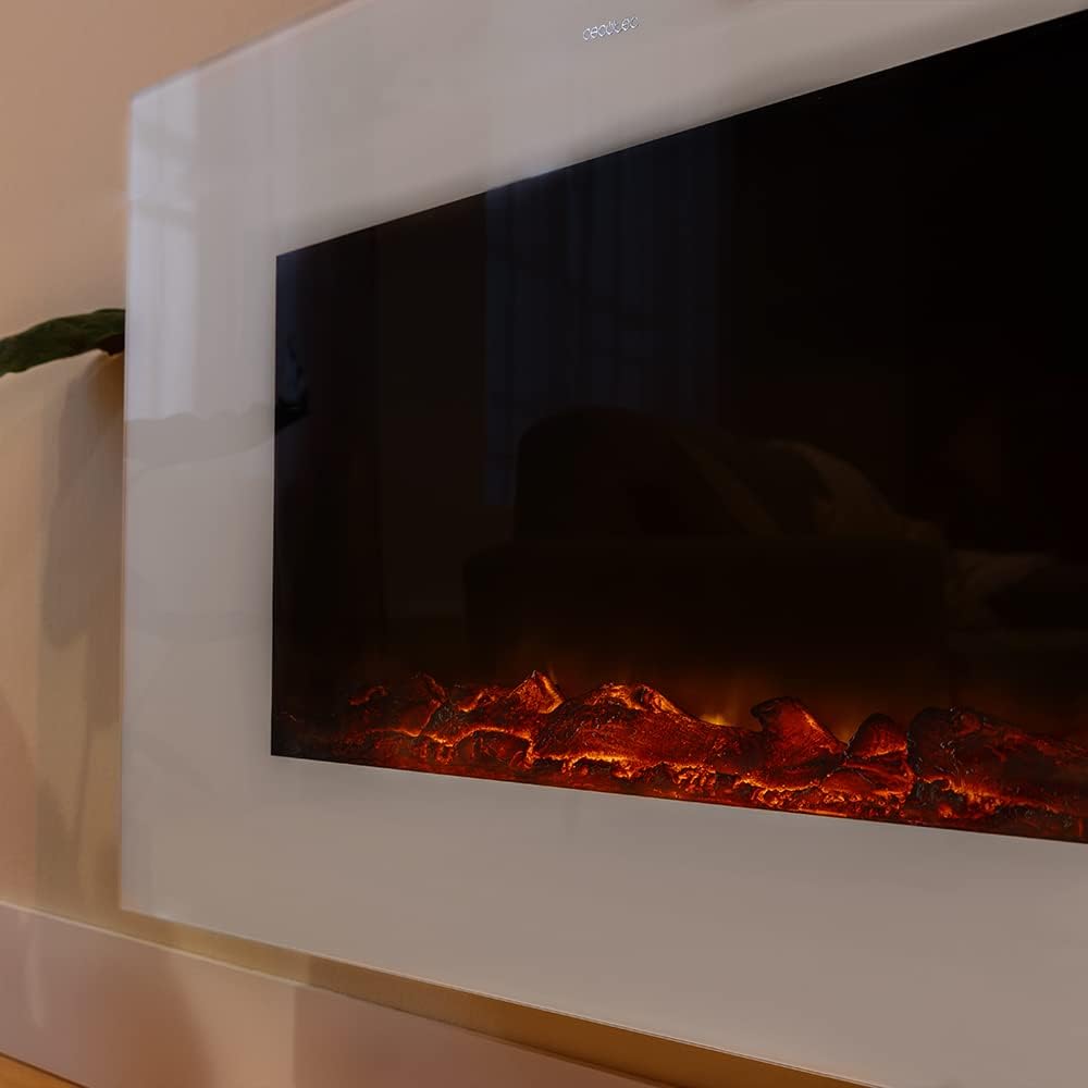 Smartphone screen displaying the Cecotec app interface for controlling the electric fireplace, showing temperature and various function icons.
