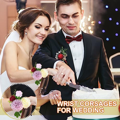 Bonuci 4 Pieces Corsage Wristlet Bands Rhinestone Bracelet Wristlets Stretch DIY Wedding Wristband Corsage Accessories Bracelets for Wedding Party Prom Bride Shower Party Anniversary4
