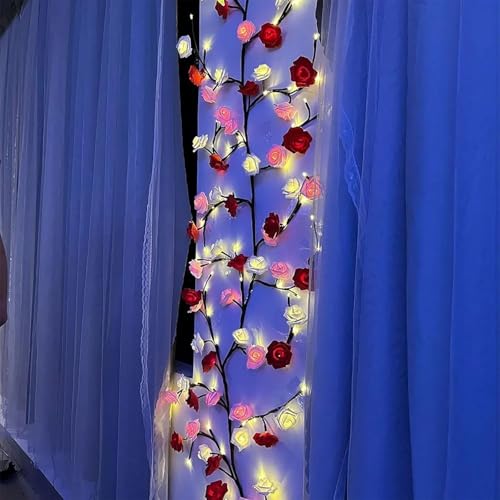 Image of LED Rose Flower String Lights with Remote Control & USB Plug, Decorative Vine Fairy Lights for Wall Decor, Bedroom, Wedding, Party, Home Decoration Lighting