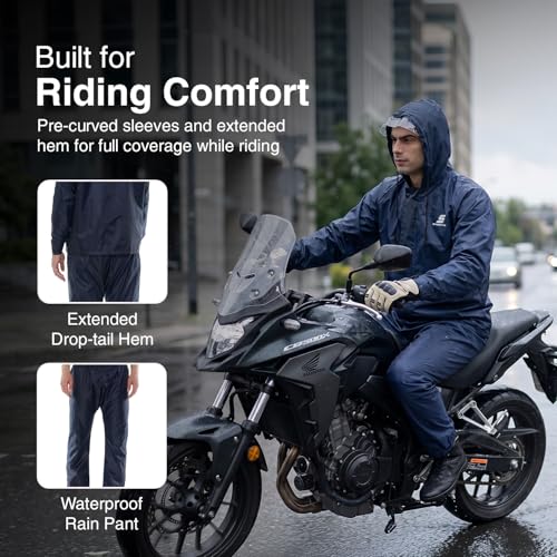 Image of Amazon Brand - Symactive Raincoat with Jacket, Pants, Hood and Carry Bag | Polyester Shell with Heat Sealed PVC Lining | Inner Mobile Pocket | Plastic Peak Hood | Unisex, Blue, S
