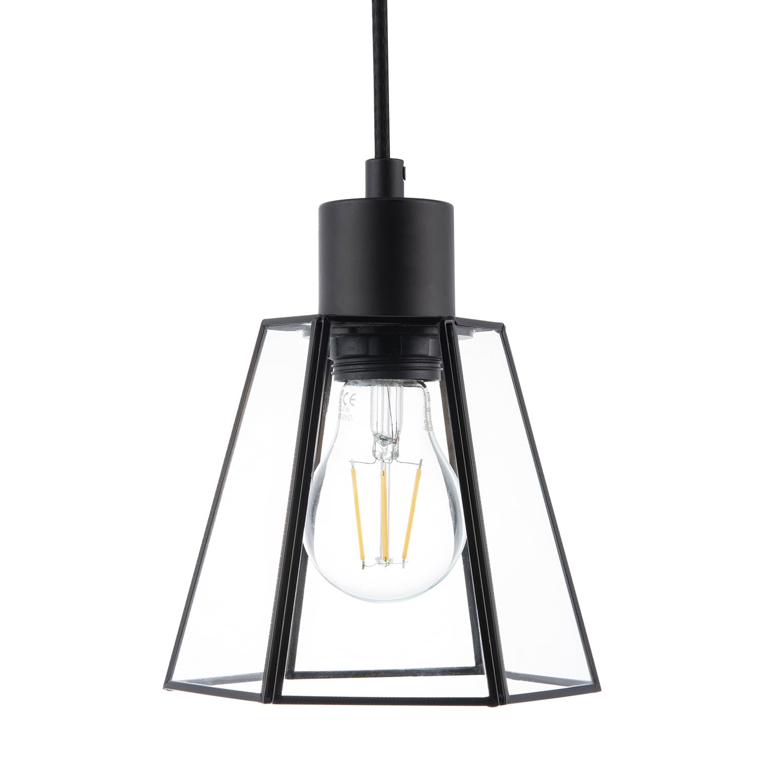 Happy Homewares Hexagonal Lantern Pendant Light Shade Black Glass
