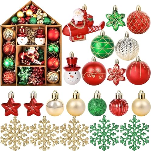 Conjunto de bolas de Natal, 70 peças ornamentos árvore Natal, decoração natural bolas de Natal com bolas de Natal vermelhas, verdes, brancas, bolas árvore de Natal para decorar árvore de Natal