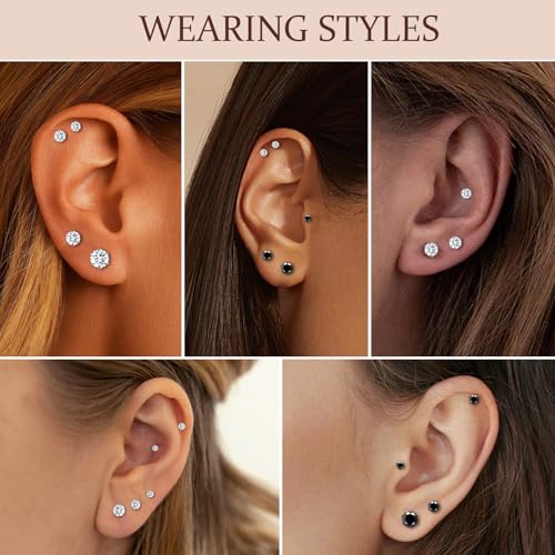 ONESING 6 Pairs Stud Earrings for Men Women, Stainless Steel 3-4-5mm Hypoallergenic Cubic Zirconia Earrings Studs Silver/Black Cartilage Helix Tragus Earring Set for Multiple Piercing3