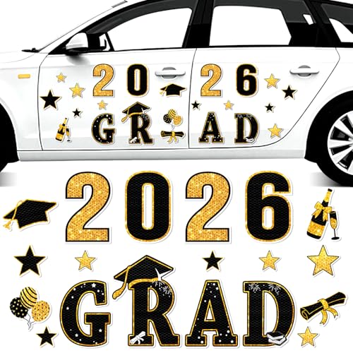 15 Pieces Graduation Car Reflective Magnets Grad 2026 Graduation Car Graduation Cap Cartoon Magnetic Magnet Bumper Sticker for Cars and Metal Surface Fridge Garage Mailbox