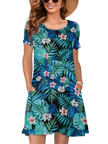 Image of Heymoments Women's Short Sleeve Crewneck Sundress Summer Casual A-Line Beach Dress with Pockets S-2XL