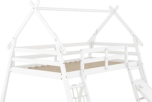 Miniatura 90 de SOFTSEA Litera individual sobre individual con tobogán, literas de casa para niños y niñas (blanco, litera de casa con tobogán) Blanco,Gris,Lavado