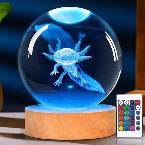 OkiyiD 3D Axolotl Kristallkugel Nachtlicht Mit Fernbedienung Glaskugellampen für Freund Geburtstag Urlaub Cool Spielzeug Deko Geschenke für Jungen Mädchen Kinder
