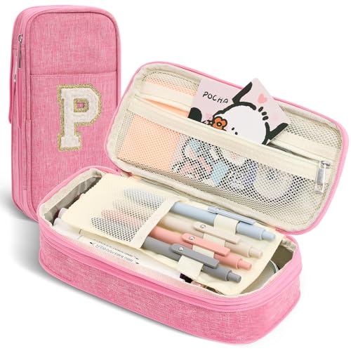 Image of Pencil Bag, Pencil Case for Girls Women, Preppy Pencil Case, Large Initial Pencil Pouch with Zipper, Back to School Supplies, Aesthetic Pen Case Box for Kids Teen Girls - P(Pink)