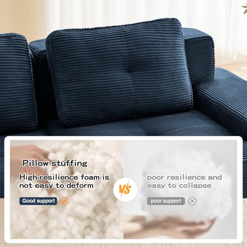 Image of 116.1 inch Modular Sectional Boneless Sofa with 5-Seater, V-Shaped Corner Deep Seat Sofa for Living Room, Big Comfy Cloud Couch with 2 Movable Ottomans, Corduroy Fabric, No Assembly, Blue