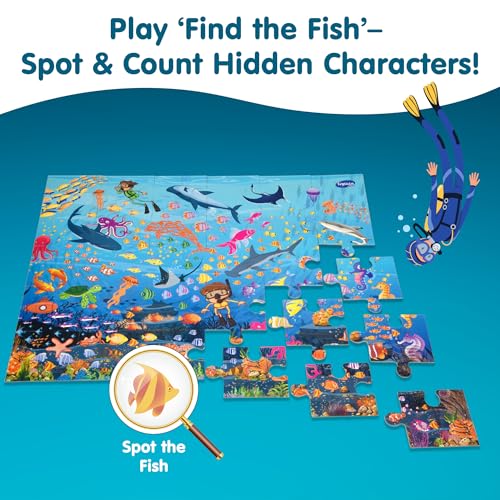 Image of 30 Pieces Floor Jigsaw Puzzle for Kids 3+ Years | Find The Fish & Coloring DIY Activity | Find The Character-Aqua Animals! Ocean Life | Educational Puzzle For Kids | Sea Animals Jigsaw Puzzles