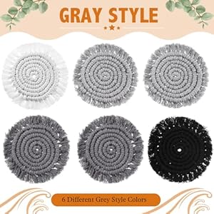6 Pcs Coasters for Drinks Absorbent Boho Cotton Woven Coaster Farmhouse Tassel Macrame Coaster with Holder Housewarming Gift for Kitchen Office Coffee Table Decor, 4 in (Gray) 6 Pcs Coasters for Drinks Absorbent Boho Cotton Woven Coaster Farmhouse Tassel Macrame Coaster with Holder Housewarming Gift for Kitchen Office Coffee Table Decor 4 in Gray