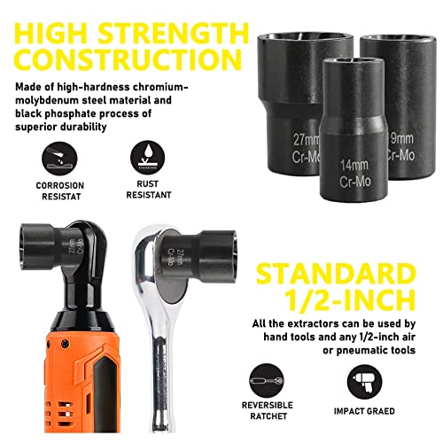 Topec Bolt Extractor Kit, 9 Piece Lug Nut Remover Socket Tool, 1/2" Drive Impact Wheel Lock Removal Kit For Removing Damaged, Dead, Rusted, Rounded-Off Bolts, Lug Nuts & Screws #TOP2