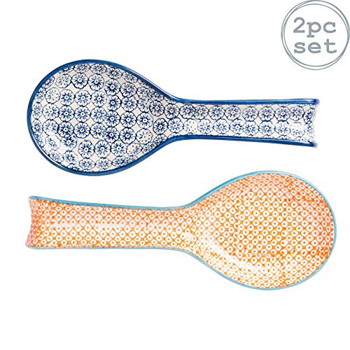 Nicola Spring 2 Piece Hand-Printed Kitchen Spoon Rest Set - Japanese Style Porcelain Utensil Holders - 26.5cm Long
