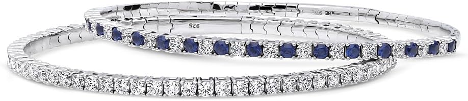 BERRICLE Sterling Silver Flexible Wedding Cubic Zirconia CZ Statement Bangle Bracelet for Women, Rhodium Plated, 2 Piece Set