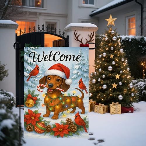 Image of BlissYard Christmas Garden Flag 12x18 Inch Welcome Dachshund Dog Outdoor Flag Double Sided Holiday Yard Banner with Santa Hat Lights Candy Cane and Red Bird for Porch Lawn Patio