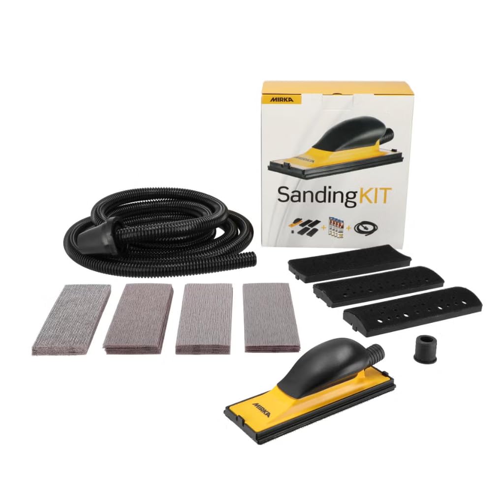 Mirka Handblock Kit/Levigatrice manuale con accessori convessi e concavi/per nastri abrasivi 70x198 mm con fissaggio a velcro + 40 nastri abrasivi Abranet, tubo di aspirazione da 4 m, adattatore