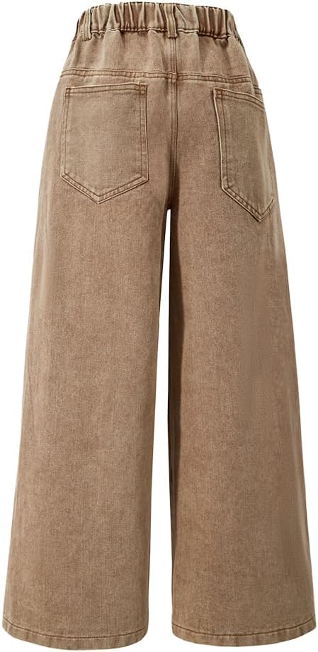 Nivne Tco Tween Girls Wide Leg Jeans-Elastic Waistband Baggy Denim Pants with Star Embroidery, Khaki Pants for Girls